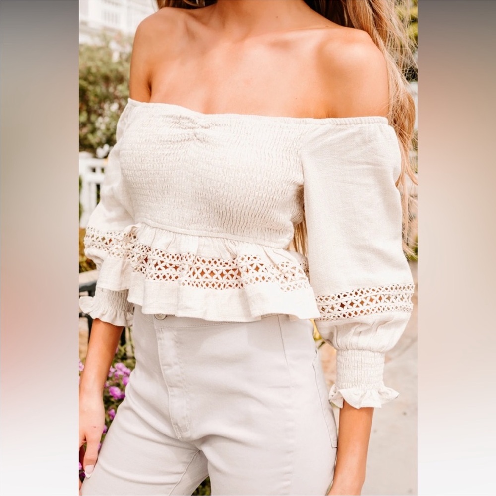 Vestique Tan off the shoulder smocked top with ruffle details